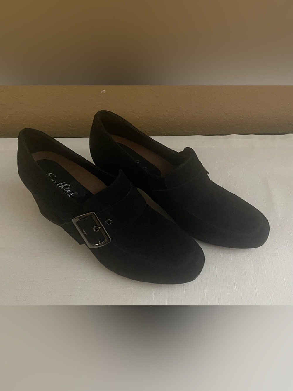 Earthies Black Suede Buckle Loafer - Slip-On Heel